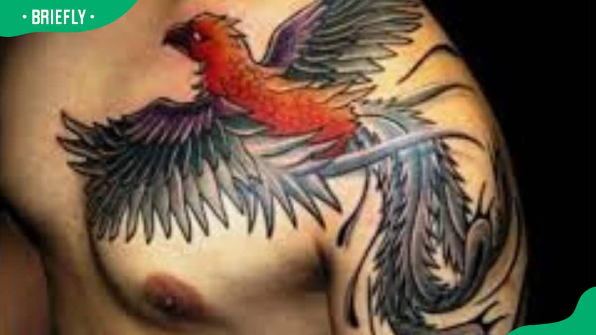 Young Woman with Phoenix Bird Chest Tattoo