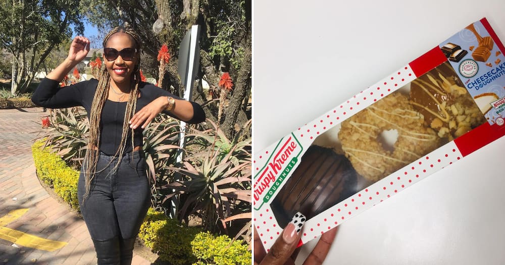 Facebook user Noby Radebe and the box of doughnuts she bought for her son's bae