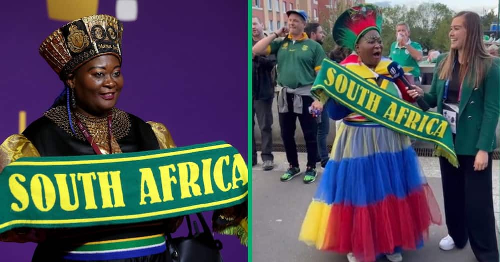 South Africa fan Mama Joy arrives prior to the FIFA World Cup Qatar 2022 Final Draw at the Doha Exhibition Center