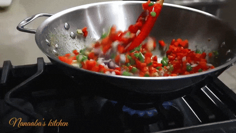 Preparing spicy rice with mixed vegetables