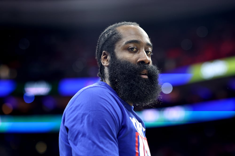 James Harden of the Philadelphia 76ers before game six of the Eastern Conference Semifinals in the 2023 NBA Playoffs against the Boston Celtics at Wells Fargo Center on 11 May 2023.