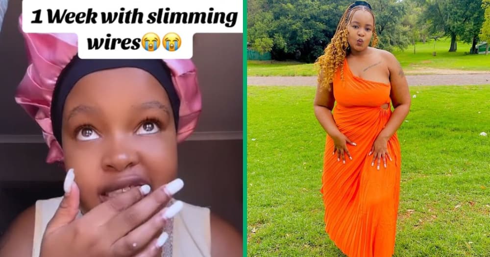 A woman with slimming wires tries to eat hard food in a hilarious TikTok video.