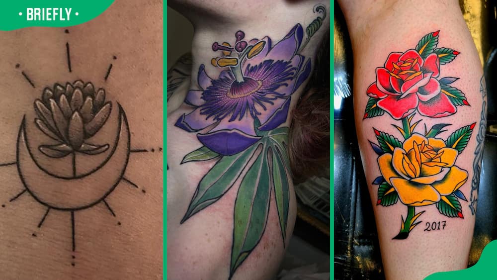 Sun & moon (L), passionflower (C) and Red & yellow tattoos (R)
