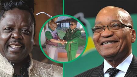 Papa Penny joins Jacob Zuma on stage during uMkhonto Wesizwe manifesto launch at Orlando Stadium