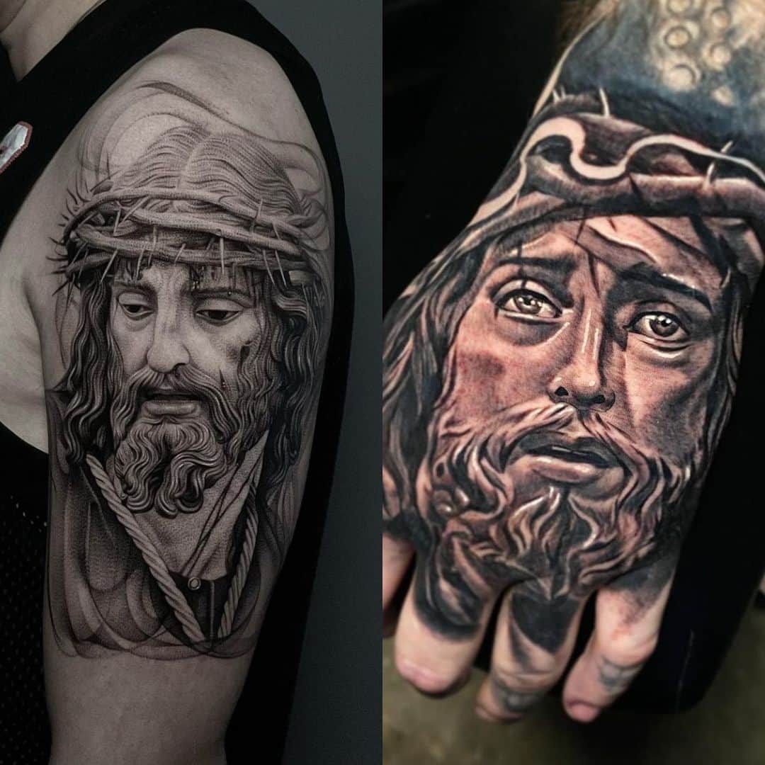 Small Jesus Tattoo On Bicep - Tattoos Designs