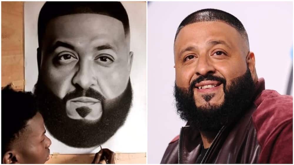 A collage of the pencil drawing and DJ Khaled. Photos sources: Mubi/Twitter/@kemz_Emmanuel