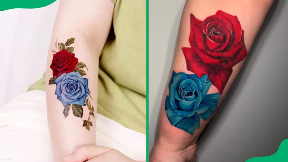 Blue and red rose arm tattoo