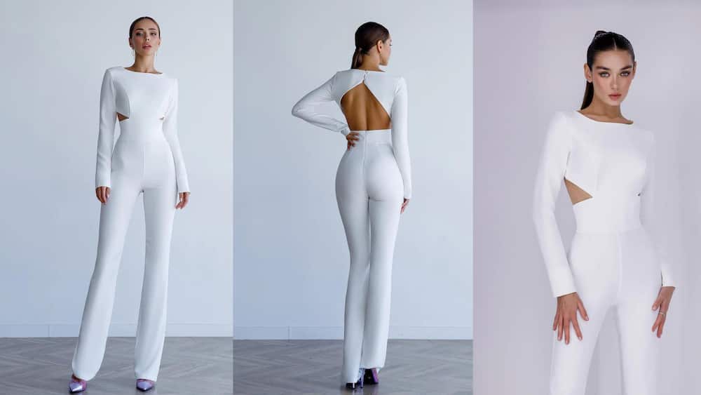 Backless cutout jumpsuit with long sleeves and round neckline