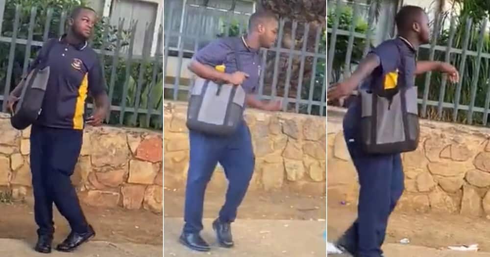 School boy dancing on his way to school, cheerful school boy dancing, Mzansi react to happy student