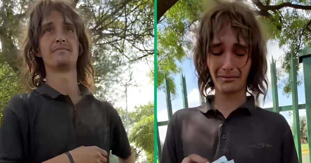 Homeless man cries after receiving money.