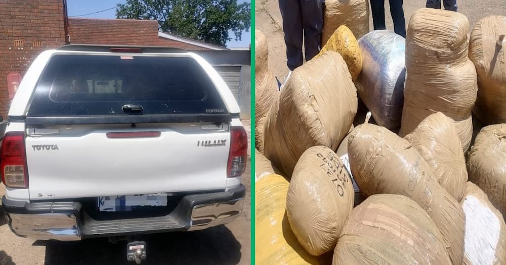 Collage image of a Toyota Hilux and bags of confiscated dagga