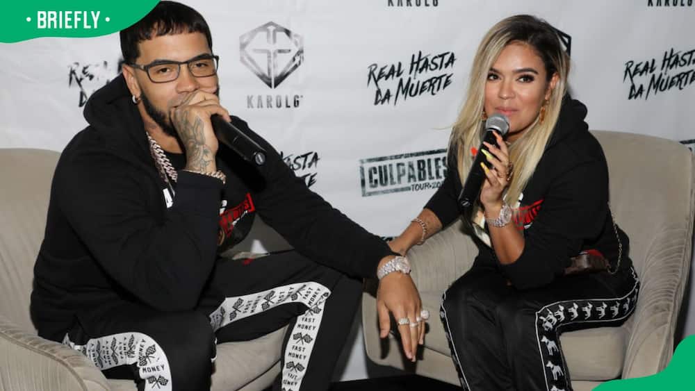 Anuel AA and Karol G during a 2019 press conference at the Mondrian Hotel in Miami Beach, Florida