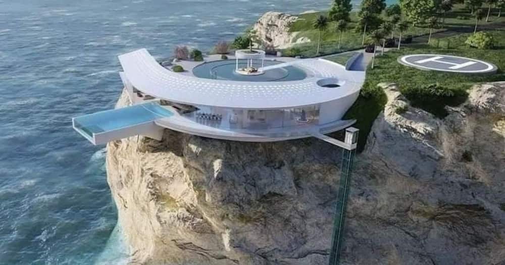 Envisioned supervillain home, Iron Man, James Bond, Daniel Marven, mansion on cliff, stunning home, concept design