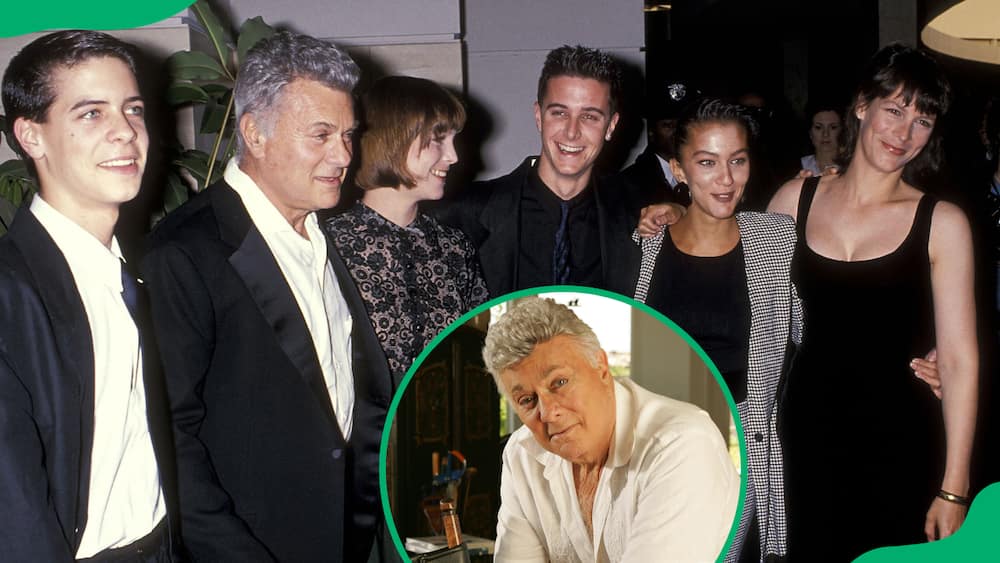 Actor Tony (2nd left) with his children son Benjamin, daughter Kelly, son Nicholas, daughter Allegra, and daughter actress Jamie Lee (left to right)1989.