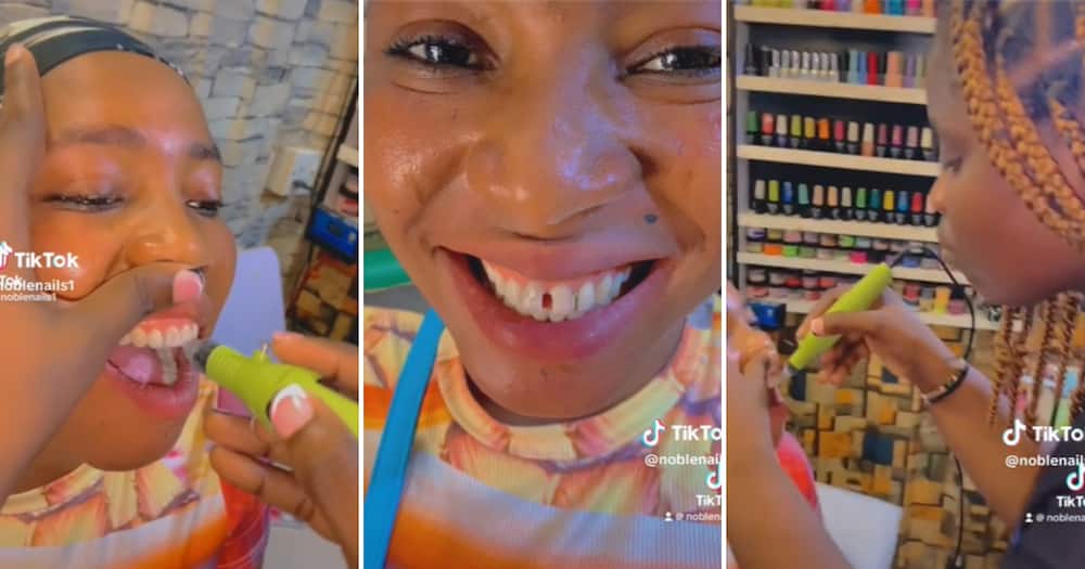TikTok user @noblenails1 uses a nail dermal drill to grind away your teeth, giving you a gap