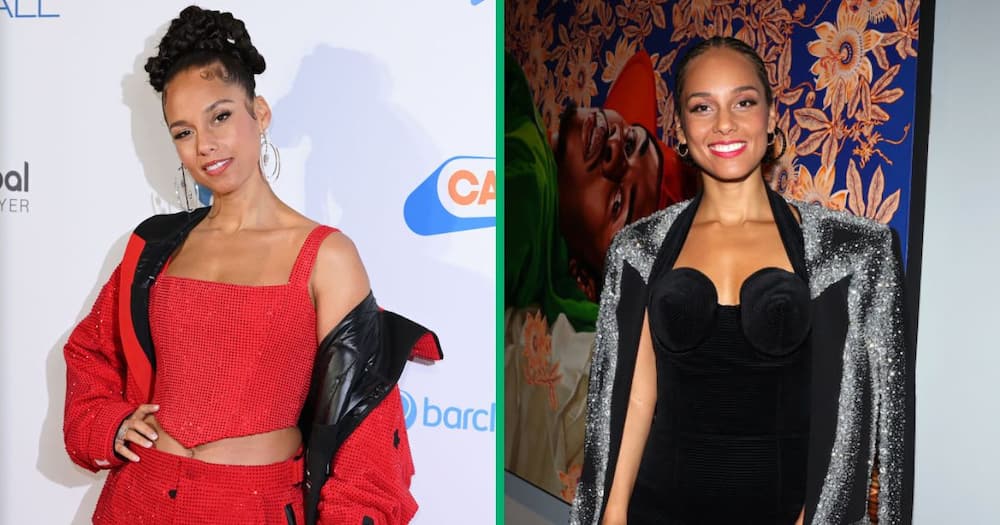Alicia Keys wore a red ensemble at the Superbowl Halftime Show.