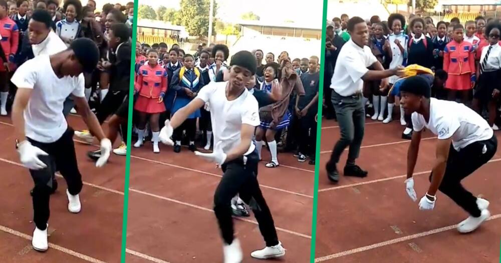 School children open dance circle and take turn to show off their best dance moves.