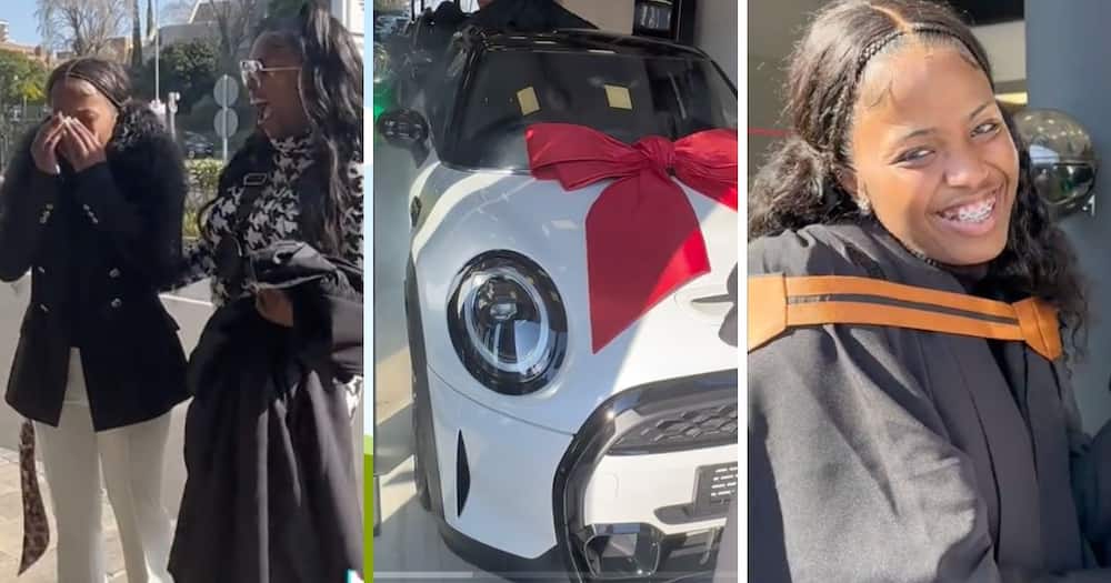 Young girl gets brand new Mini Cooper.