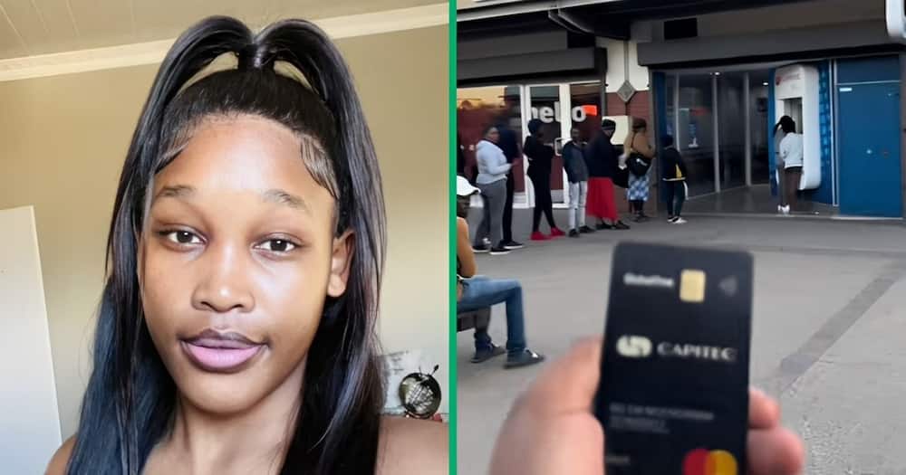 A TikTok video shows a woman withdrawing from FNB using her Capitec card.