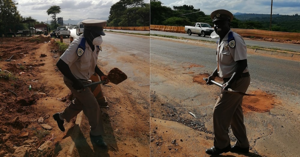 Mzansi applauds cop who was snapped fixing potholes: "Thank you!"