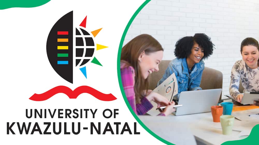 The UKZN logo and students holding a group discussion
