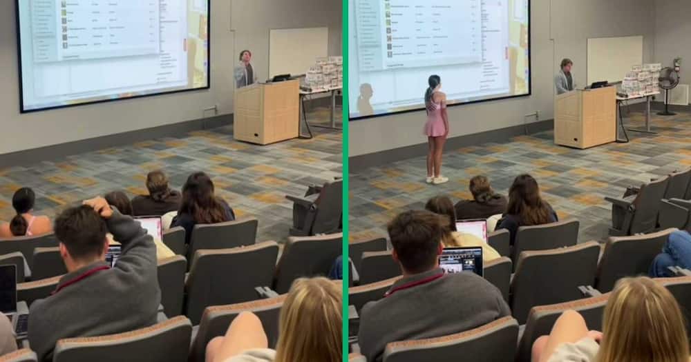 A TikTok video shows a lecturer asking his students if they would like to dance or write an essay.