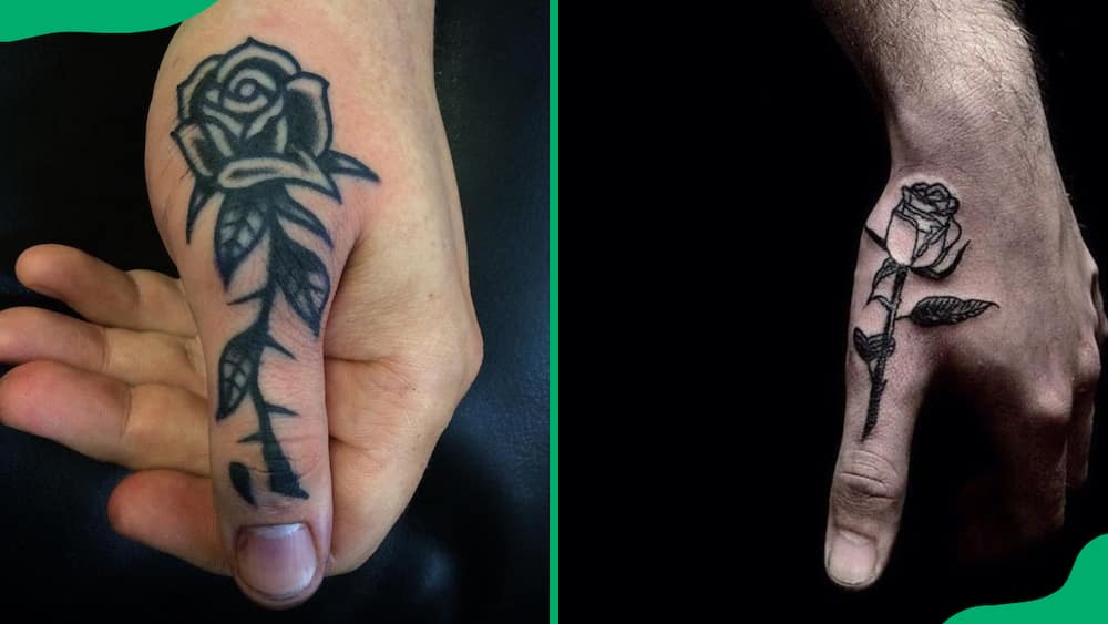 Rose down the thumb tattoo