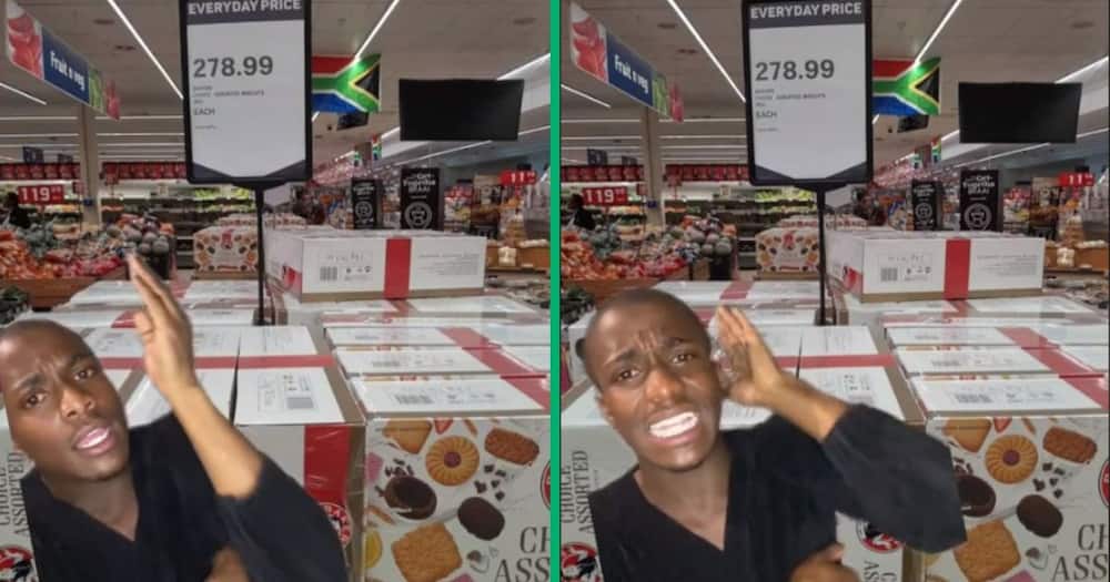man shocked by price of Bakers Choice Assorted biscuits