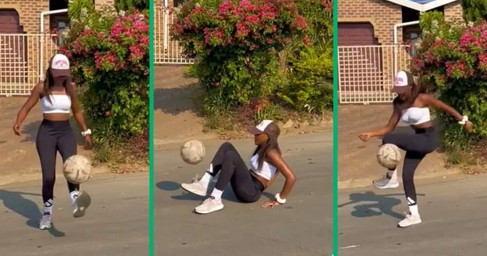 A young woman played with great skill with a soccer ball with precision