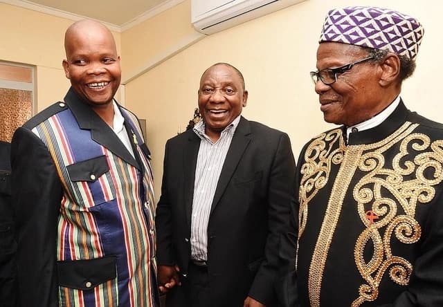 King Toni Mphephu Ramabulana (left) pictured with President Cyril Ramaphosa and IFP leader Mangosuthu Buthelezi