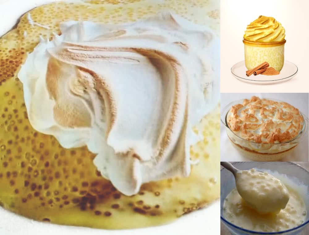 Sago poeding resep: met meringue of met kondensmelk. Gebak en ongebakte resepte