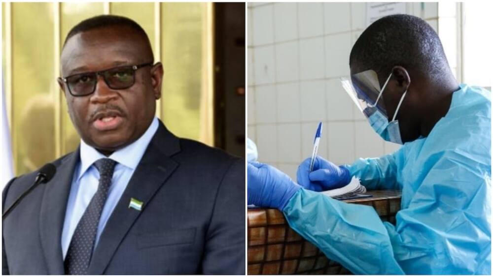A collage of the Sierra Leonean president and a health worker in a lab. Photo source: Guardian/Vanguard
