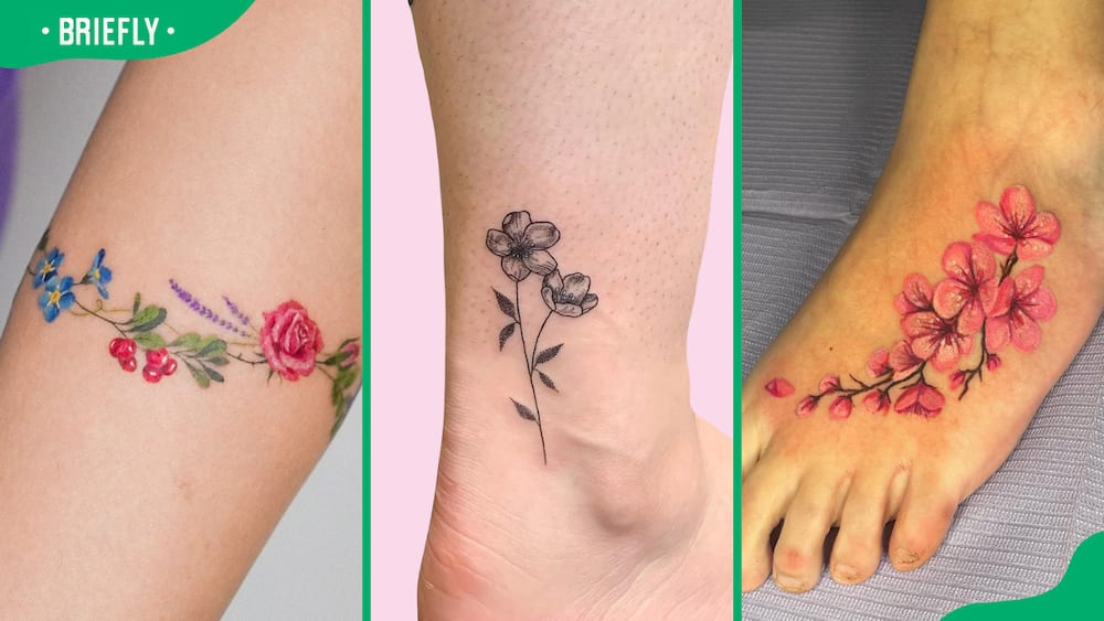 Wrist (L), ankle (C), and foot flower tattoos (R)