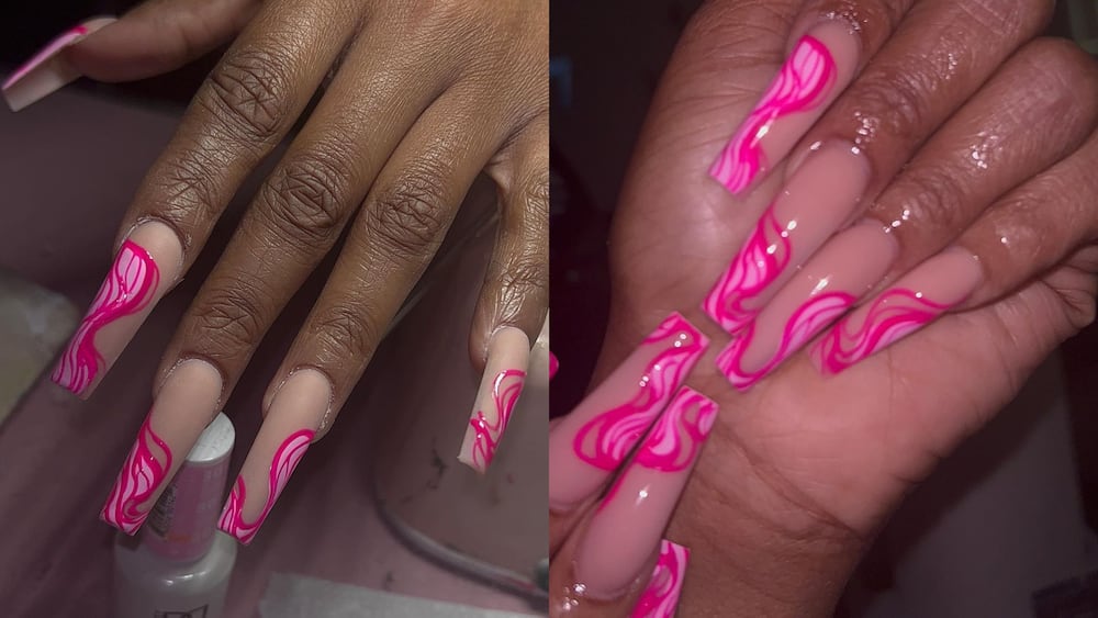 Clear nails with hot pink pattern