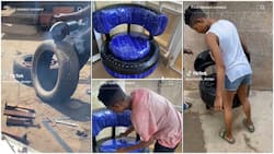 Young lady recycles old car tyre into beautiful furniture, puts cushion, her video amazes many