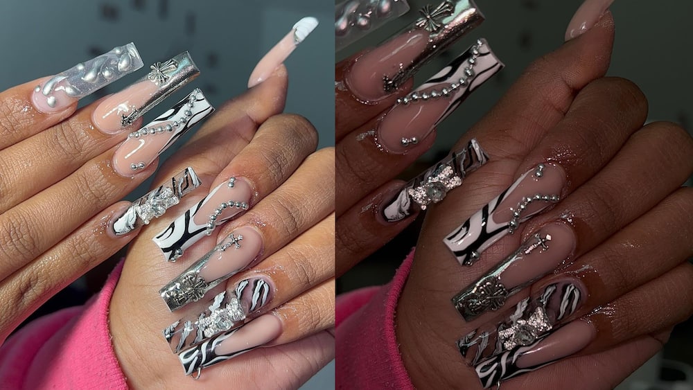Zebra print nails with bling