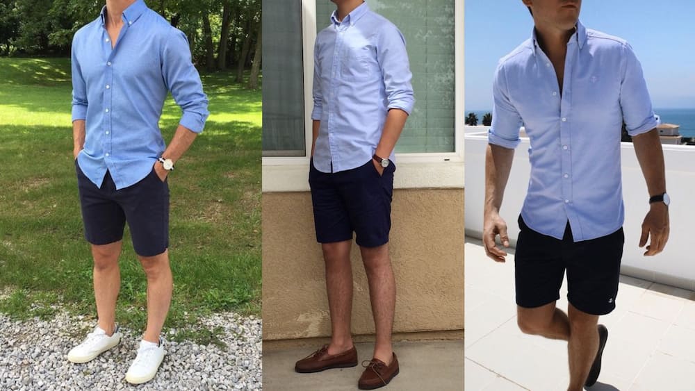 Light blue button-down shirt with navy blue shorts