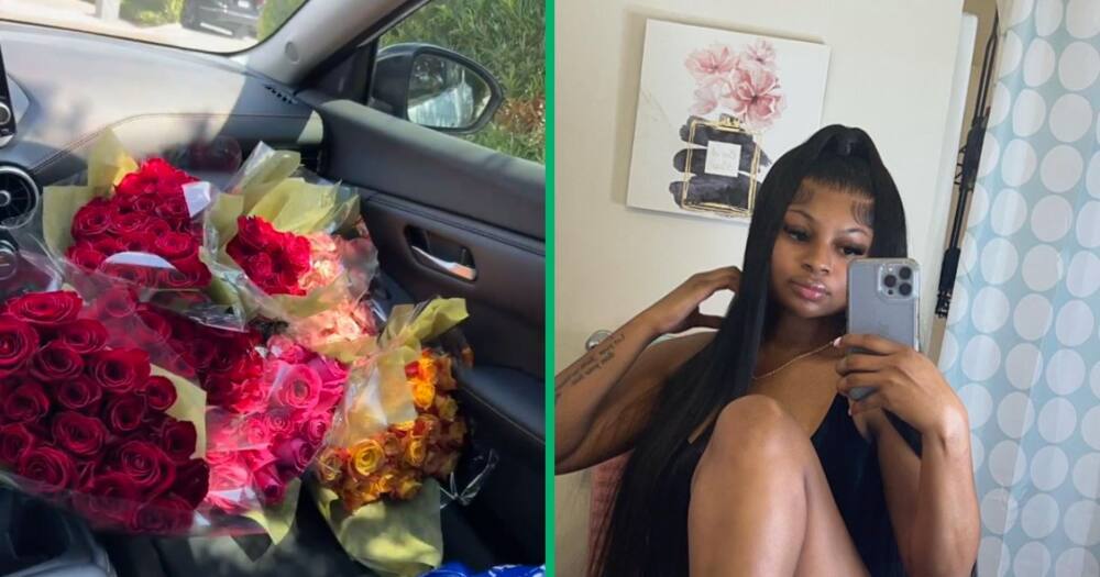 Woman gifted flowers by boyfriend