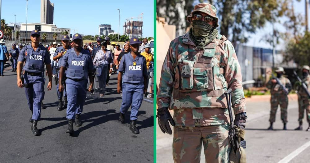 Police officers marching during the 2023 State of the Nation Address, and SANDF soldiers stationed outside Ndofaya Mall