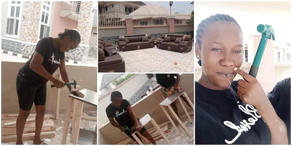 Pretty Nigerian lady makes nice furniture, impresses many on social media with her carpentry skills