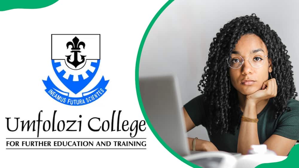 uMfolozi college logo and a female student in glasses and a green top using a laptop