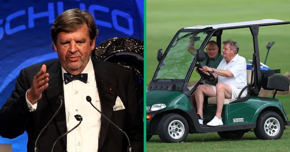 Johann Rupert makes a speech during the 2010 Tour Dinner prior to the BMW PGA Championship on the West Course at Wentworth