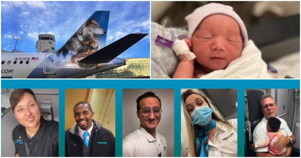 Frontier Airlines crew and Sky, the newborn baby.