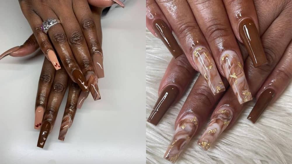 Long dark brown and milky toffee mix nails