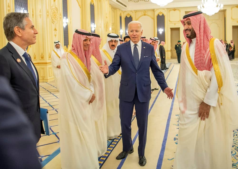This photo released by the Saudi Royal Palace on July 15 shows Saudi Crown Prince Mohammed bin Salman (R), US President Joe Biden (2nd-R), Saudi Minister of State for Foreign Affairs Adel al-Jubeir (C-L) and US Secretary of State Antony Blinken (L)
