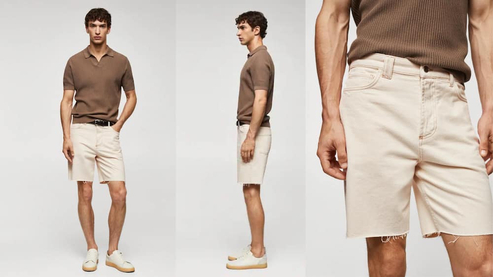 Regular-fit Bermuda denim shorts with a brown polo shirt