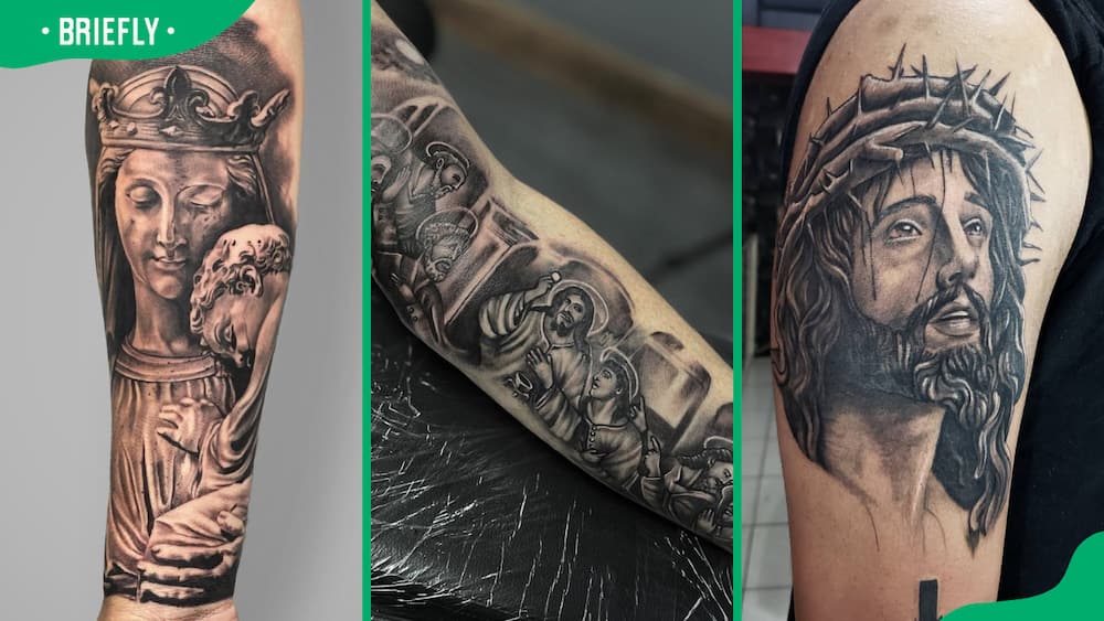 Tattoos of Mary and Jesus (L), the last supper (C) and Jesus (R)