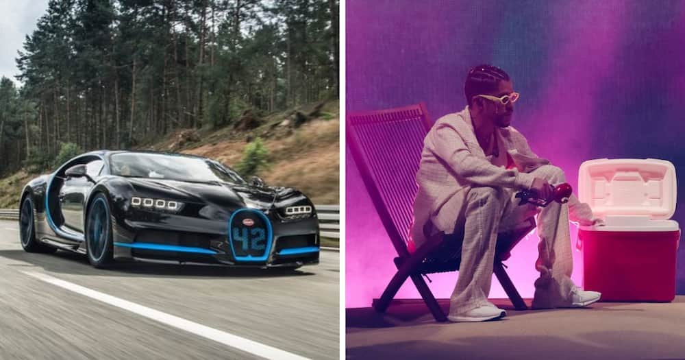 Bugatti Chiron driving and Bad Bunny sitting