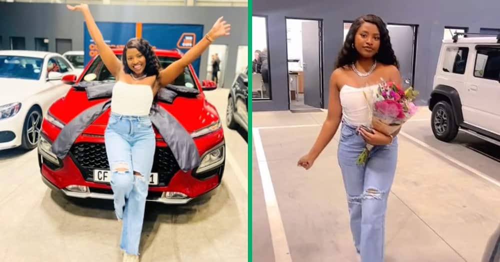 Young woman flexes buying a brand-new car.