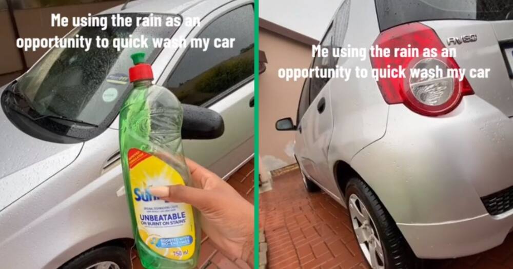 A woman used a rainy day as an opportunity to wash her car. She put on a dishwashing liquid and and left the rest for the rain.